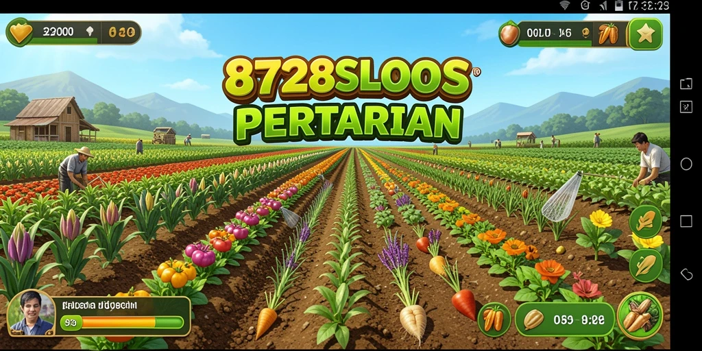 Tampilan screenshot permainan 8728SLOTS dengan ladang yang subur dan tanaman yang mekar.