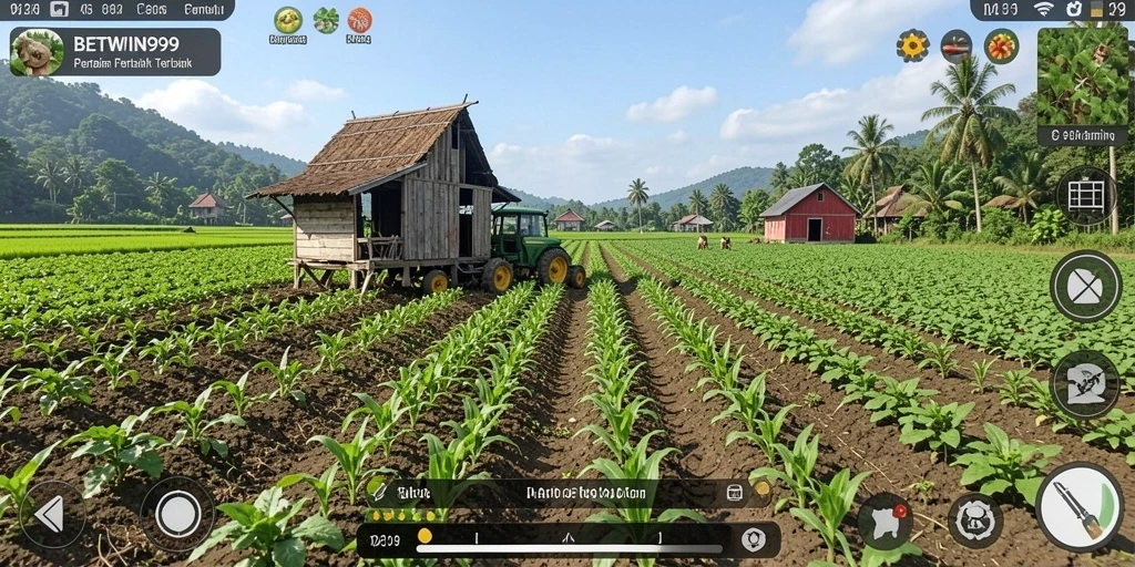 Screenshot BETWIN999 menampilkan petani dalam aksi di ladang yang subur.