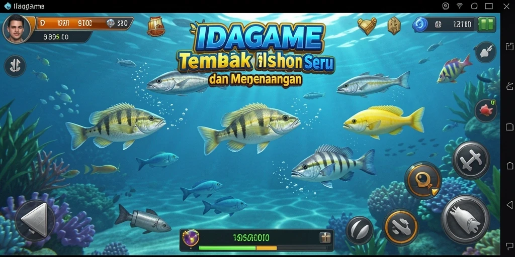 Tampilan screenshot utama IDAGAME dengan aksi menembak ikan.