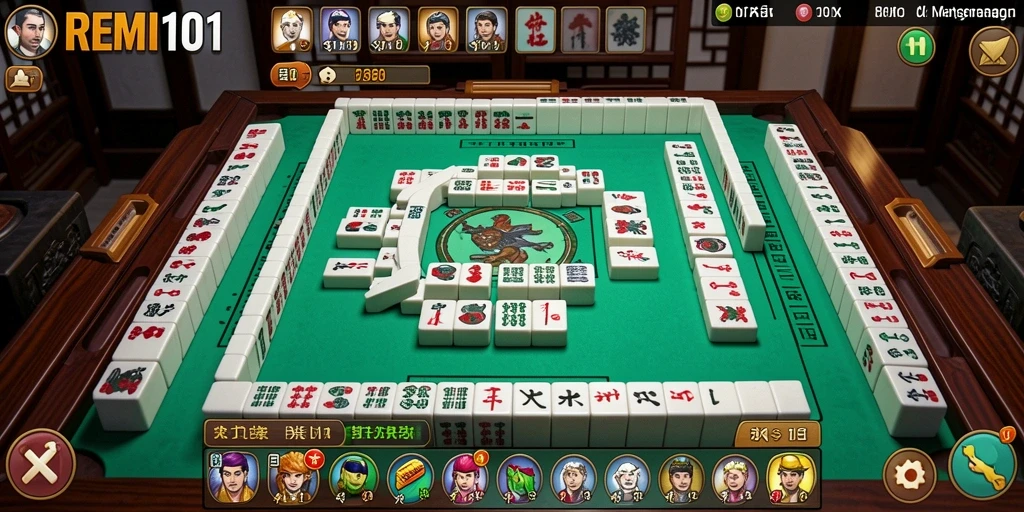 Screenshot utama dari game REMI101 menampilkan gameplay Mahjong yang mendebarkan.
