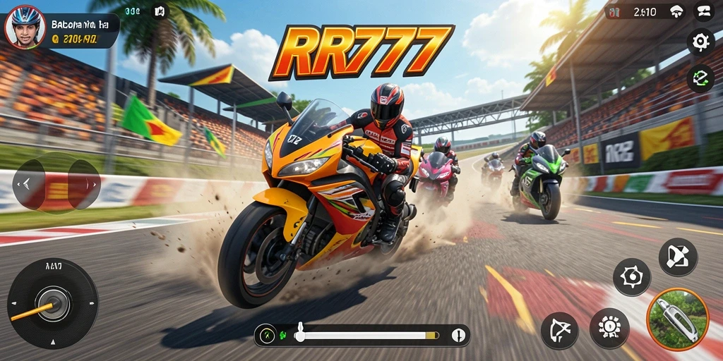 Tangkapan layar gameplay RR777 menampilkan balapan motor yang mendebarkan dan penuh aksi.