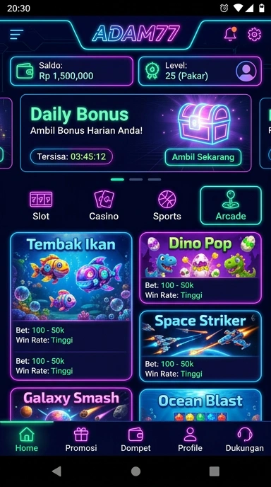 Tampilan aplikasi adam77 yang intuitif untuk kemudahan navigasi.